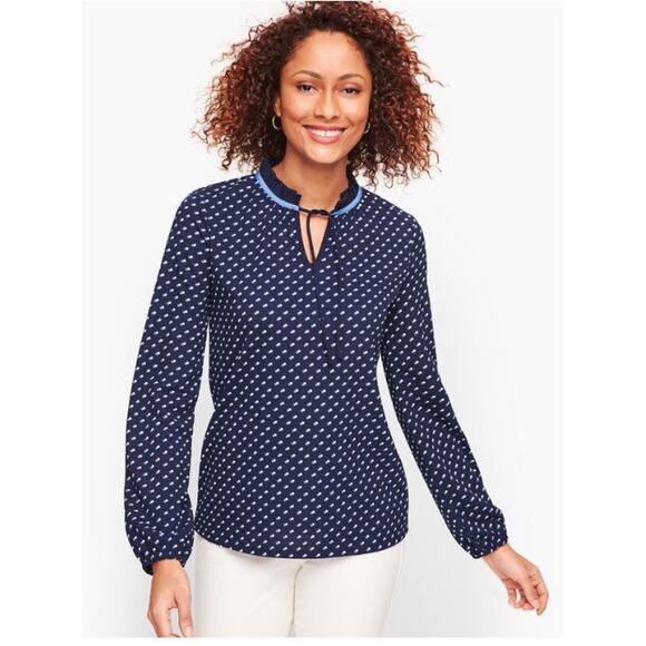 Talbots Blouse Women 2X Blue Pleated Tie Neck Tunic Top Dot Print LS Pullover - Picture 1 of 10